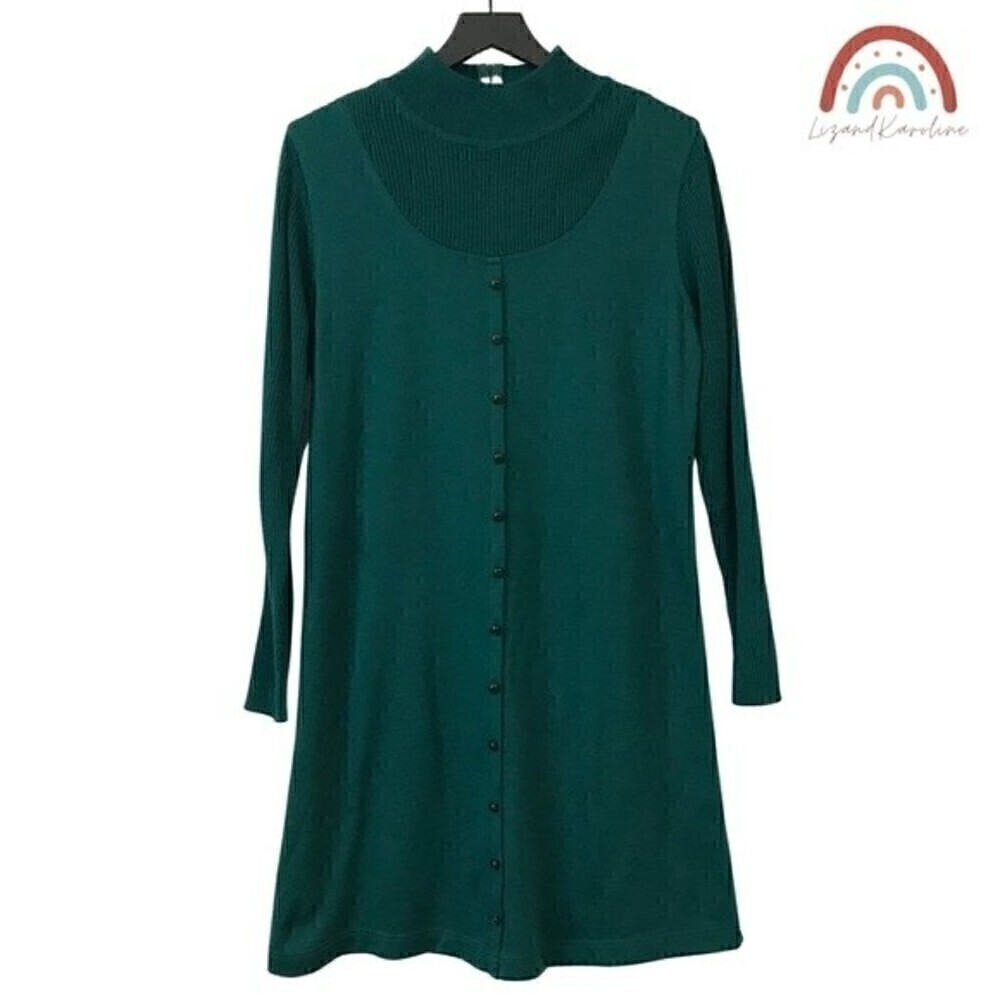 Vintage Kathie Lee 80s 90s Sweater Knit Turtleneck Green Long Sleeve Dress